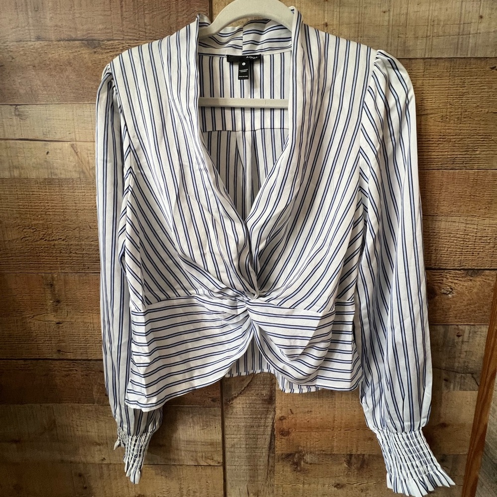 Aqua White and Blue Long Sleeve Tie Front Blouse